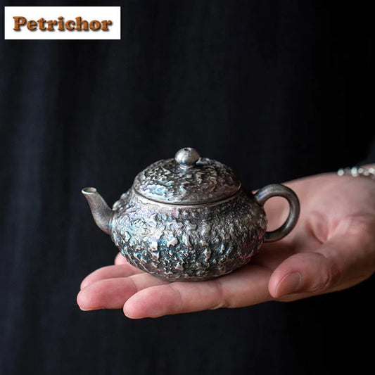 90ml Silver Plated Stone Pattern Stone Scoop Teapot Vintage Tea Infuser Pot Tea Brewing Kettle With Filter Cafes Pot Bearing