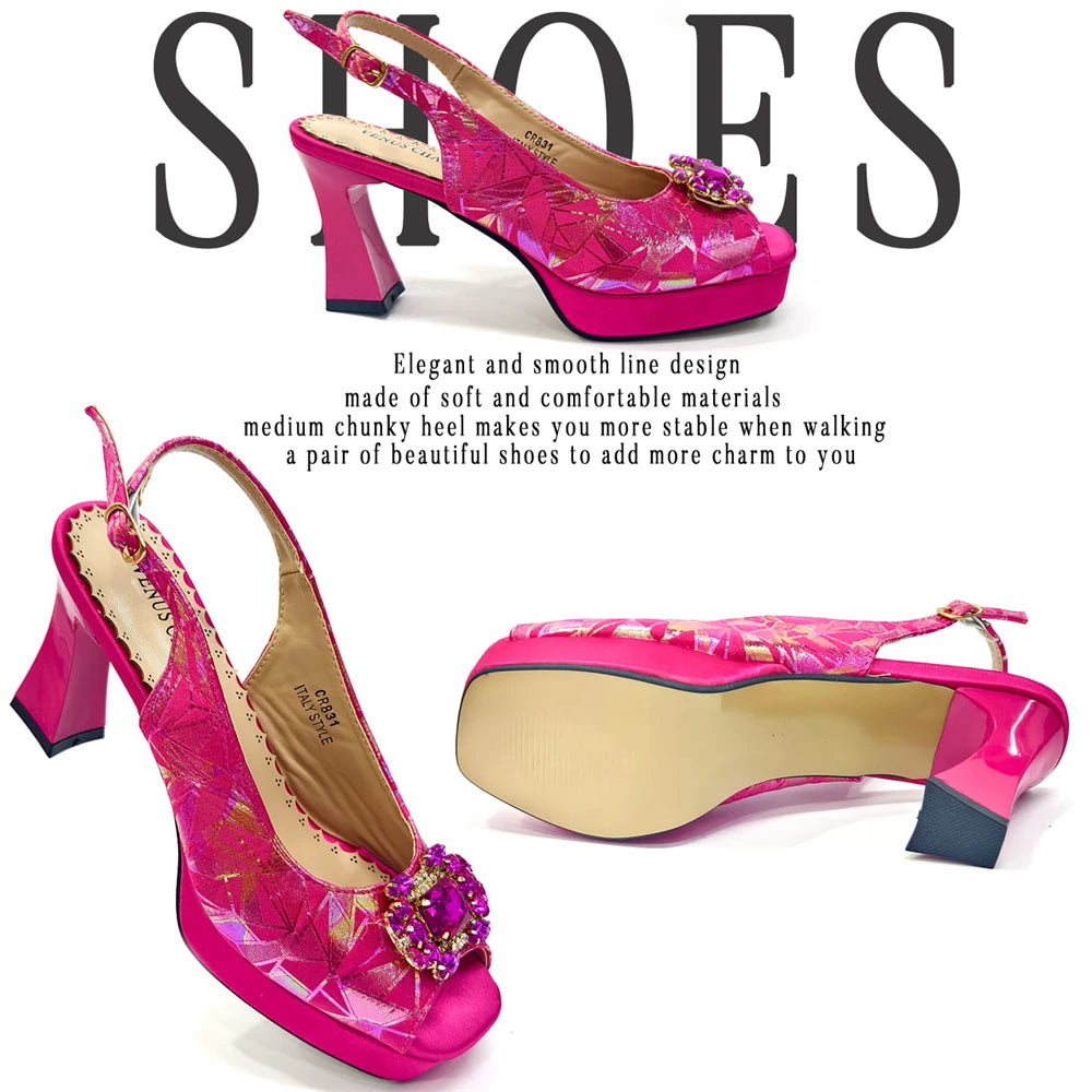 Venus Chan 2025 Elegant Peep-Toe Heels for Women - Perfect Italian Party Shoes & Bag Set with Sparkling Diamond Accents