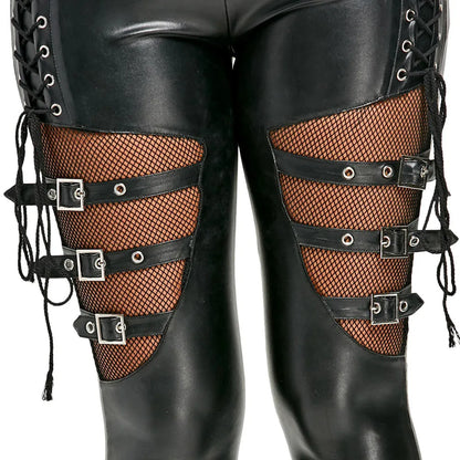 Women PU Leather Skinny Slim Trouser Gothic Punk Leggings Fishnet Trim Lace Pant Faux PU Leather Pencil Pants Club Clothing