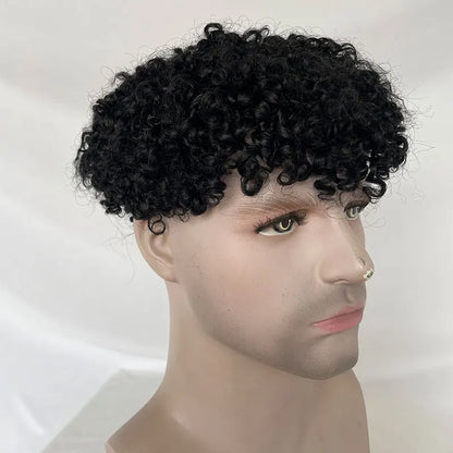 Small Curly Toupee For Men Full Lace Hairpiece European Human Hair Replacement System For Men's Toupee 10x8inch Black Hair Wig