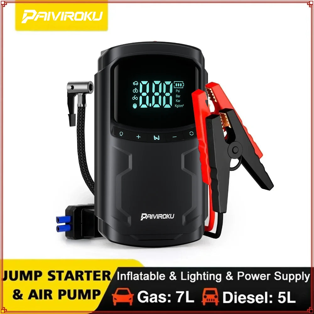 Car Jump Starter with Air Compressor Peak 5000A Auto Battery Booster 150PSI Air Pump Portable Power Bank Tire Inflator Lighting
