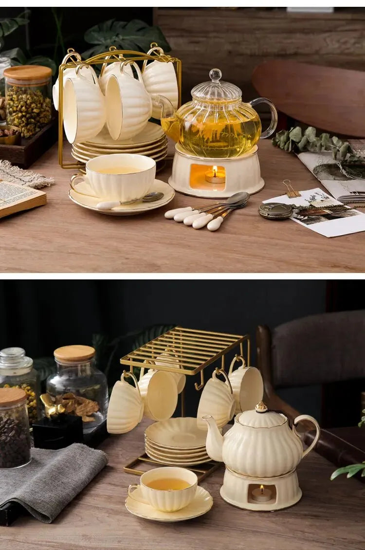British Handle Ceramic Glass Teapot With Candle Heating Base Set European Porcelain Coffee Pot Afternoon Tea Home Decoration