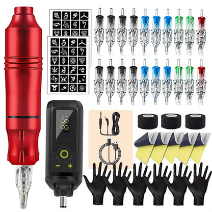 Tattoo Kit Rotary Wireless Tattoo Machine Pen with Tattoo Cartridge Needles Accessories Set Tattoo Design Draw Kit