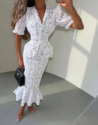 Printed V-neck Waist Cinched Pleated Dress Lapel Short Sleeve High Waisted Maxi Dresses Elegant Women's Summer New Vestidos