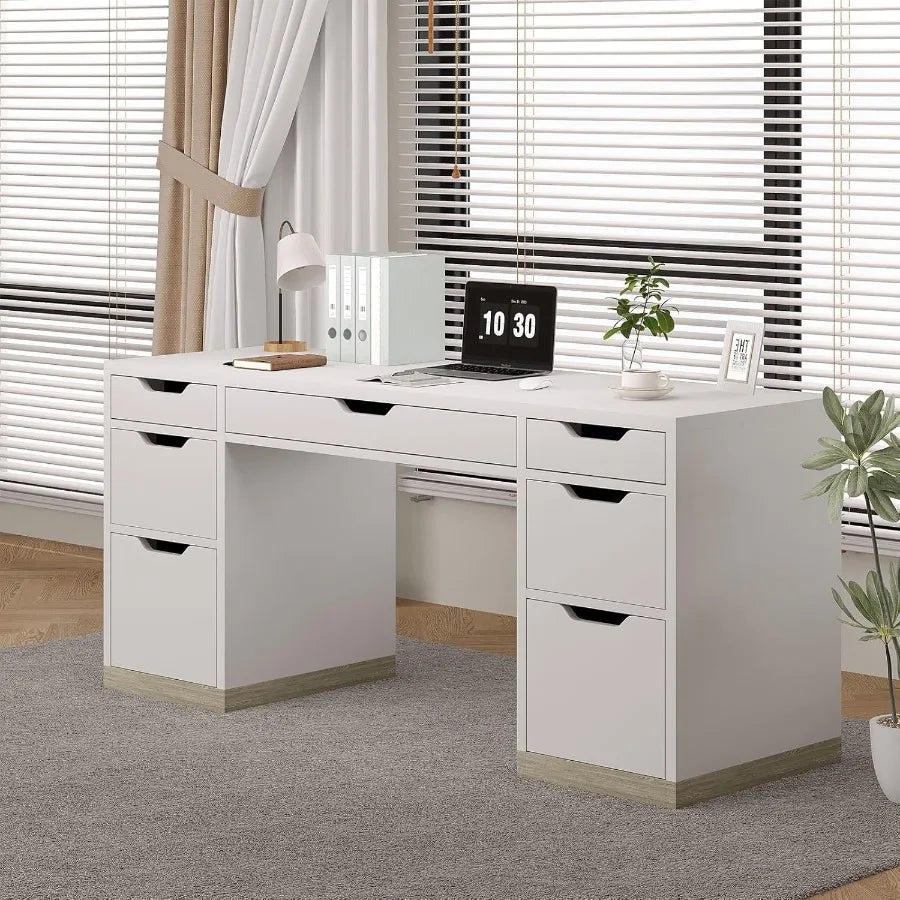 White 54 Inch Executive Desk with 7 Drawers and Cabinet for Bedroom Home Office Small Spaces Modern Writing and Study Desk