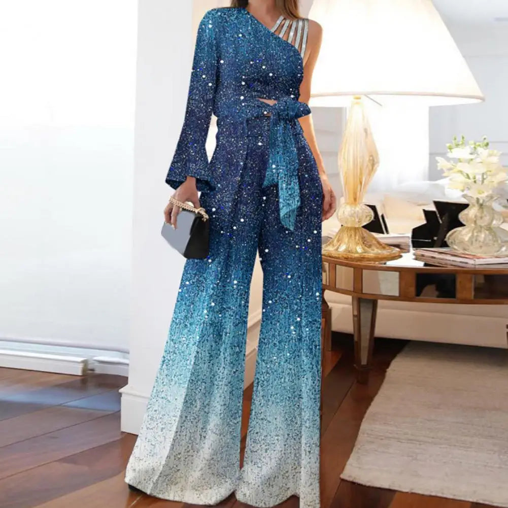 2026 Women Blouse Pants Set One Shoulder Blouse Bandage Bowknot High Waist Wide Leg Pants Set Glitter Trim Elegant Women Outfit