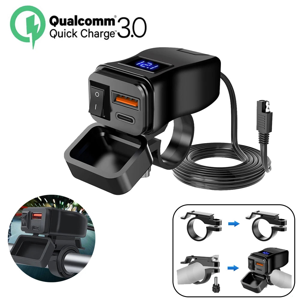 PD+QC3.0 Motorcycle USB Fast Charger 60W Handlebar Dual USB Socket with Switch Voltmeter Waterproof 12V Power Supply Adapter