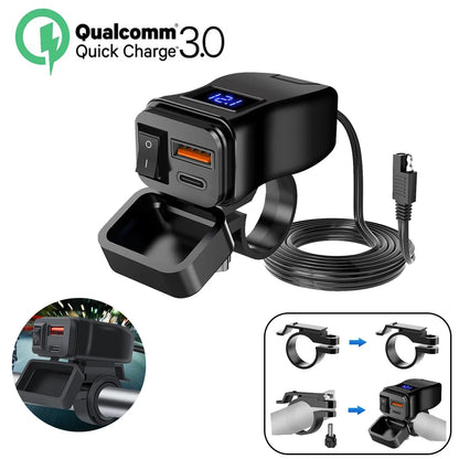 PD+QC3.0 Motorcycle USB Fast Charger 60W Handlebar Dual USB Socket with Switch Voltmeter Waterproof 12V Power Supply Adapter
