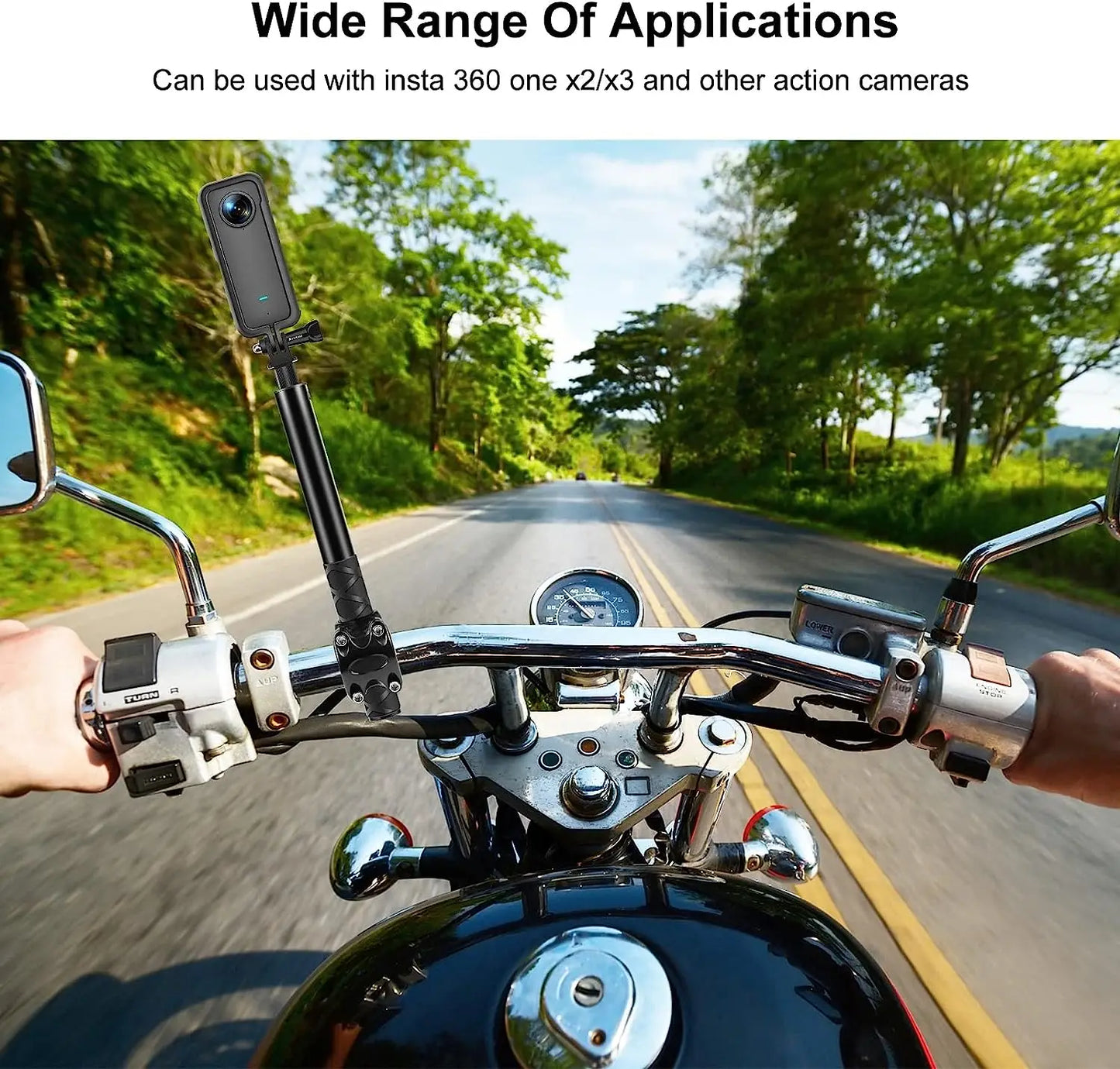 Motorcycle Bike Selfie Stick for INSTA360 X2/X3 Handlebar Mount Camera Bracket 27.9cm-113.5cm Adjustable Length 1/4 Inch Screw