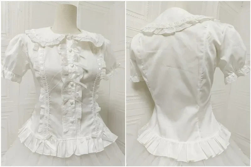 Summer Japanese Lolita Sweet Girls Short-sleeved Tops Women Goth Lace Bow Shirt Single-breasted Blouse Doll Collar Slim Tees New
