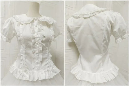 Summer Japanese Lolita Sweet Girls Short-sleeved Tops Women Goth Lace Bow Shirt Single-breasted Blouse Doll Collar Slim Tees New