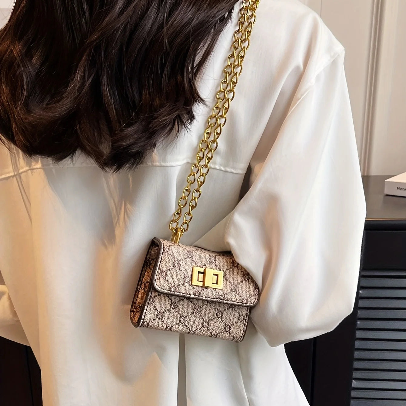 Stylish Mini Crossbody Bag with Geometric Pattern Faux Leather Buckle Closure Painted Edge Detail Faux Leather Lining Purse