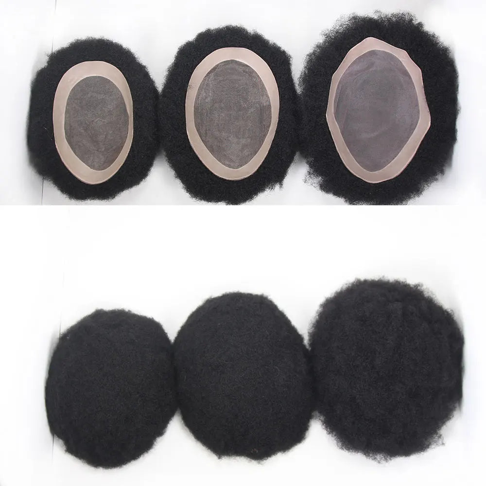 Afro Black Mens Toupee 4MM Man Wigs100% Human Hair African American Systems Afro Curly Hair pieces Replacement 1#Jet black 8x10"