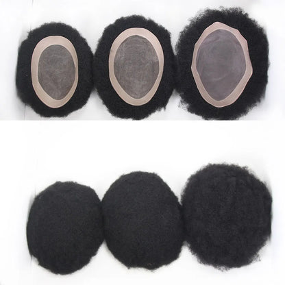 Afro Black Mens Toupee 4MM Man Wigs100% Human Hair African American Systems Afro Curly Hair pieces Replacement 1#Jet black 8x10"