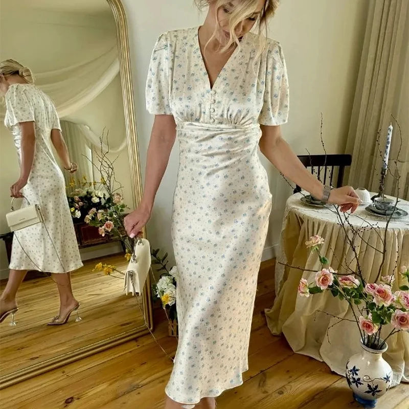 TARUXY Stylish Printed Maxi Dress Women Elegant Slim V-Neck Short-Sleeve Evening Dress Summer New Casual Commuter Female Dress