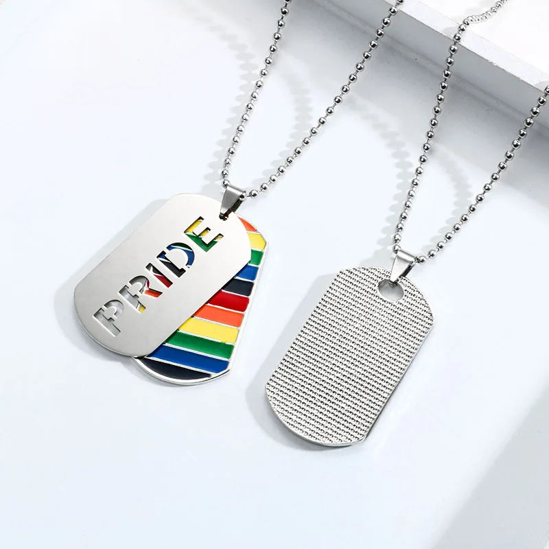Stainless Steel LGBT Gay Lesbian Love Pride Necklaces Enamel Rainbow Flag Double Pendant Necklace