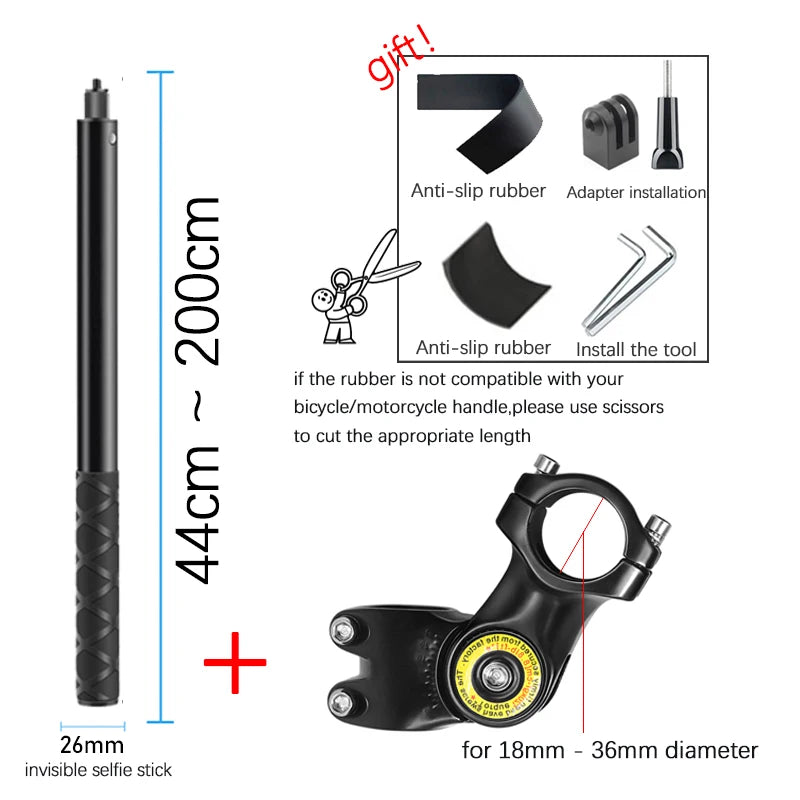 Motorcycle Bike Panoramic Monopod Bicycle Hidden Selfie Stick for GoPro Max Her 11 10 9 One DJI Insta360 Action Camera Accessory