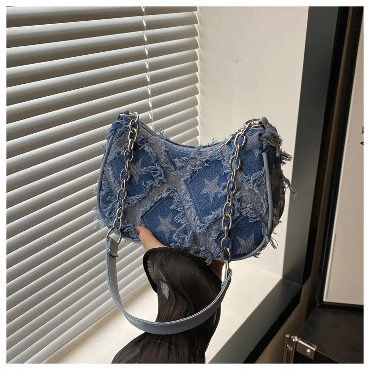 Women's Tote Bag with Star Pattern Blue Distressed Design, Golden-Tone Hardware, Stylish Handbag Shoulder Bag for Everyday Use