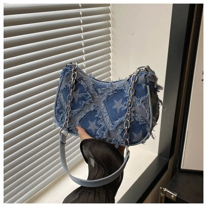 Women's Tote Bag with Star Pattern Blue Distressed Design, Golden-Tone Hardware, Stylish Handbag Shoulder Bag for Everyday Use