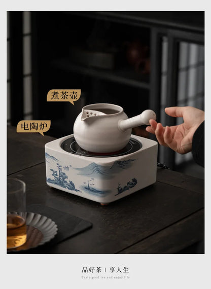 Retro Soda Glaze Ceramic Teapot Hand-painted Landscape Lifting Beam Pot Boiling Water Side Handle Kettle For Electric Stove