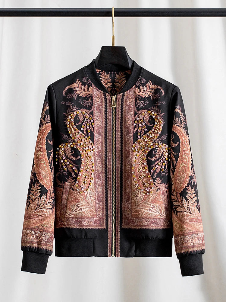 Luxury Rhinestone Stand Collar Bomber Jacket for Women, Vintage European Style Loose Fit Zip up Long Sleeve Spring Autumn Coat