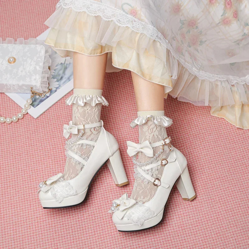Cross Strap Women High Heels Mary Jane Pumps Party Wedding Cosplay White Pink Black Strawberry Bow Princess Cosplay Lolita Shoes