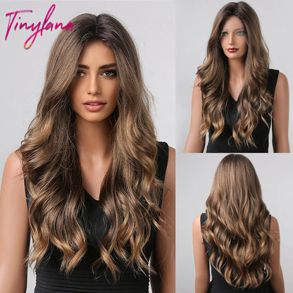 Long Wavy Transparent Lace Front Synthetic Wigs Brown Golden Ombre Lace Frontal Wig for Black Women Natural Cosplay Closure Hair