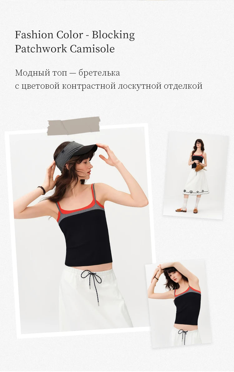 FSLE 2026 Summer Women Color Block Contrast Trim Cami Top, Navy Slim Fit Cropped Vest for Y2K Daily Layering Style Chic Hot Girl