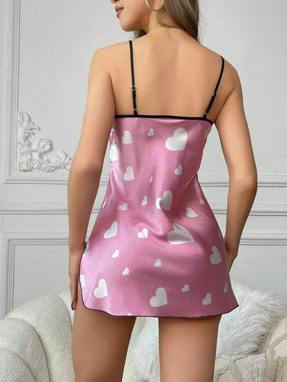 Women's holiday imitation silk four seasons love print fashion V-neck open elegant slip nightdress