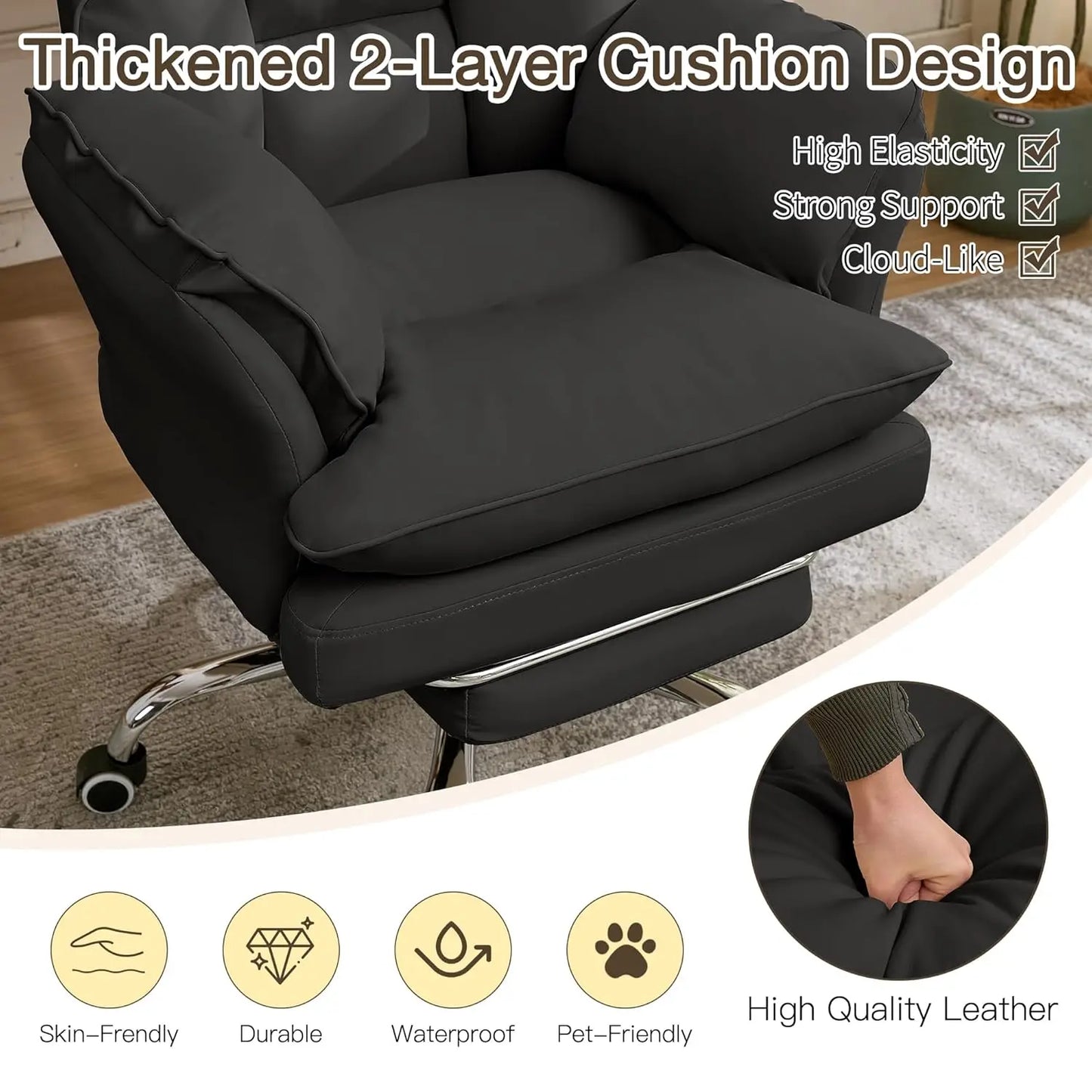 Ergonomic Cloud Cross Legged Office Chair with Footrest,Leather Big and Tall Executive Chair with Wheels,Reversible, Customized