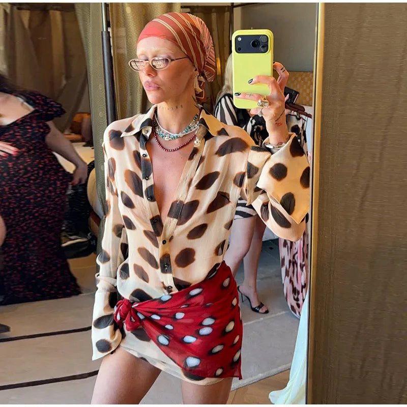2026 Women Chic Vacation Outfits Fashion Leopard Print Sheer Chiffon Shirt Casual Turn-down Collar Mini Dress & Detachable Scarf