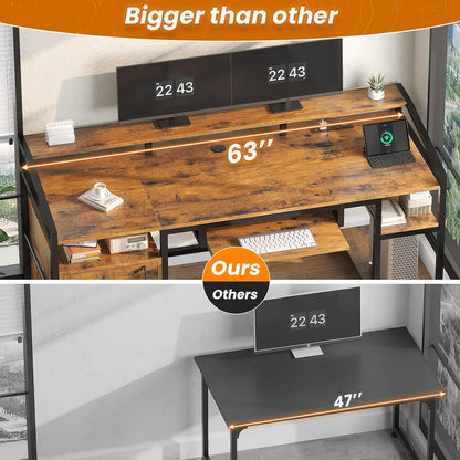 63" Computer Desk, Office Desk with Lock Drawers for Legal/Letter File, Gaming Desk with LED Light & Power Outlet,, Customized