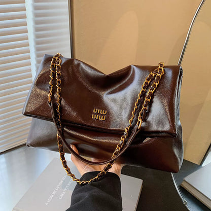2025 Women‘s Bag Retro PU Leather Underarm Bag autumn and winter Large capacity Commuting Folded Chain Shoulder Bucket Tote Bag