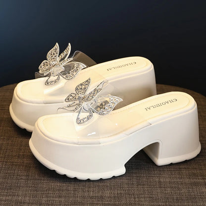 AUTUSPIN 9cm High Thick Heels Women Sandals Summer Sexy Fashion Slides Shoes Crystal Buttetfly PVC Transperant Ladies Shoes