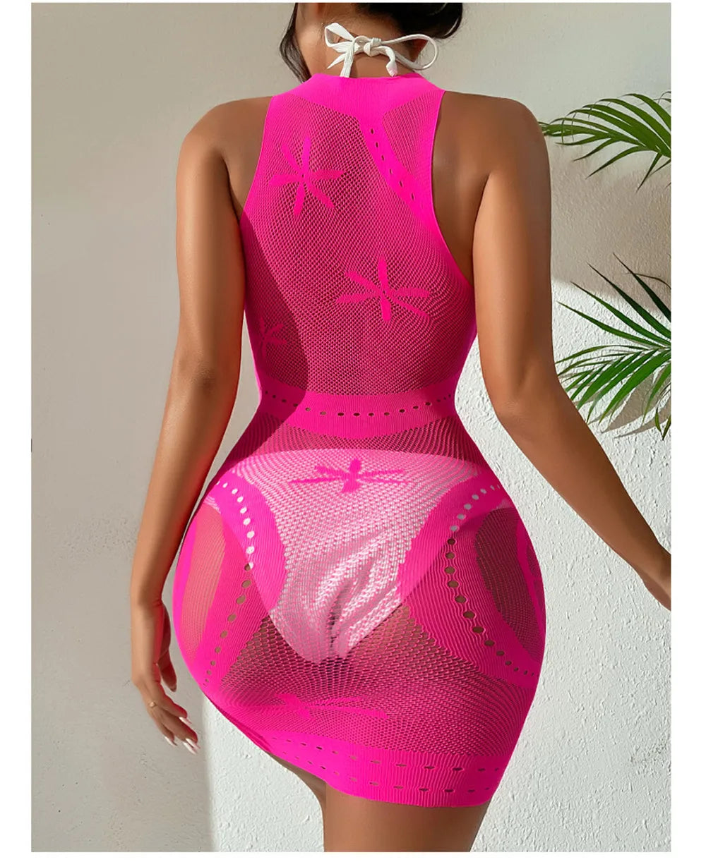 Sexy Women Fishnet Halter Backless Dress Low Cut Tight Pencil Cute Dress Plus Size Mini Dress Night Club Dance Dress Beatchwear