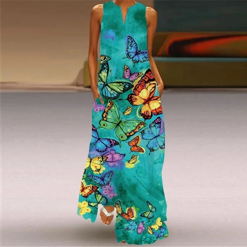 Fashionable V-Neck Sleeveless Long Digital Print Dress with Pocket Summer Sexy XL Women's Clothing Loose Waist Ankle-Length
