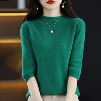 2026 New Soft Short Sleeve Women's Half High Neck Overhead Wool Blend Simple Loose Thin Seven Sleeve Woolen Sweater
