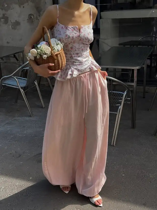 Pink Printed Women's Dress Fashion Wide Shoulder Straps And Pleated Hem Cinched Waist Vestido 2026 Lady Party Vacation Gowns