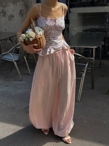 Pink Printed Women's Dress Fashion Wide Shoulder Straps And Pleated Hem Cinched Waist Vestido 2026 Lady Party Vacation Gowns