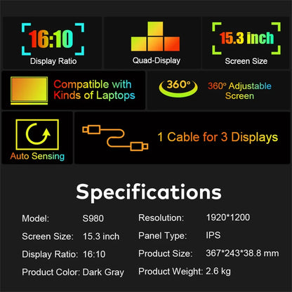 Rospider 15 inch Triple Screen Extender for Laptop HD IPS Quad Display MacBook Windows 12 to 16 inch Portable Extended Monitor