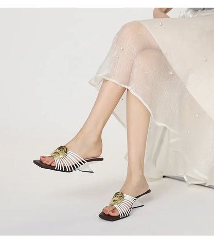 Luxury Designer Square Toe Slippers Heeled Sandals for Woman Shoes 2026 New Elegant Pumps Flip Flops Dress Summer Mujer Zapatos