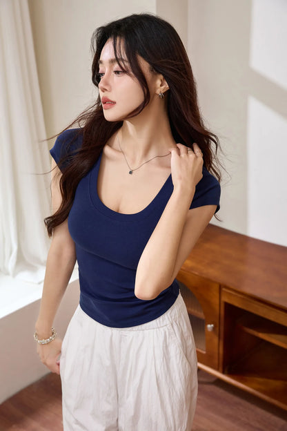 Cotton short sleeved women's T-shirt for summer, slim fit and slimming, versatile waist design, front shoulder, U-neck