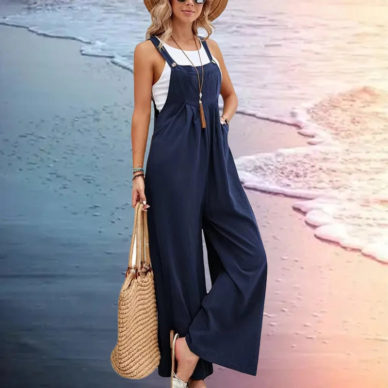 2025 Spring/Summer New Ethnic Style Solid Color Wide Leg Jumpsuit Women Loose Fit Fashion Elegant Casual Overalls Wide Leg