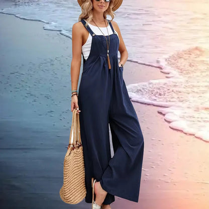 2025 Spring/Summer New Ethnic Style Solid Color Wide Leg Jumpsuit Women Loose Fit Fashion Elegant Casual Overalls Wide Leg