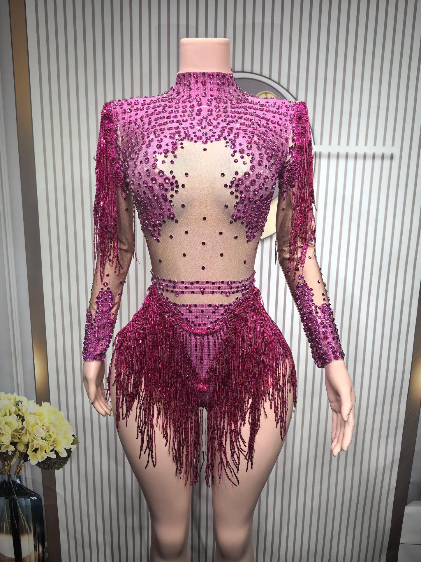 Rhinestones Women DanceCostume Fringes One Shoulder Bodysuit  Sexy Skinny Leotard Singer Dancer Show StageWear Sparkly Blue