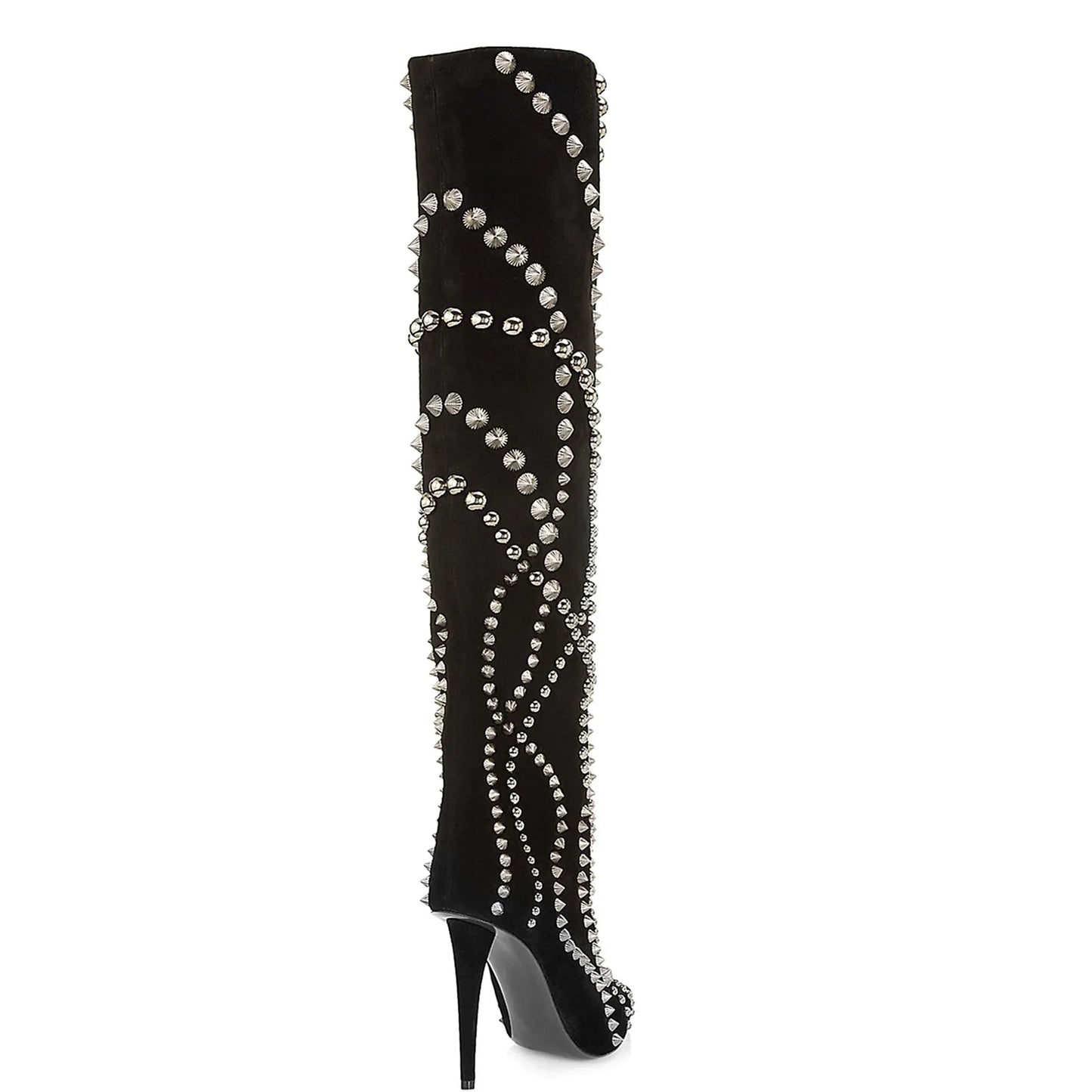 New European and American Women's Slim High Heels, Pointed Rivets, Knee Length Boots, Fashionable Party Oversized Mid Size Boots