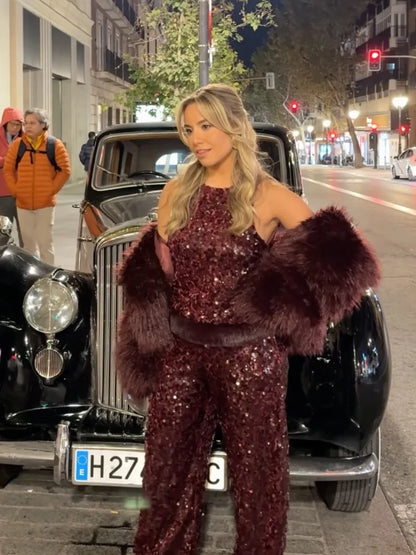 Chic Sequin Sleeveless Top Pants Set Women Faux Fur Patchwork Tops High Waist Straight Trousers Sets Lady Party Street Outfits