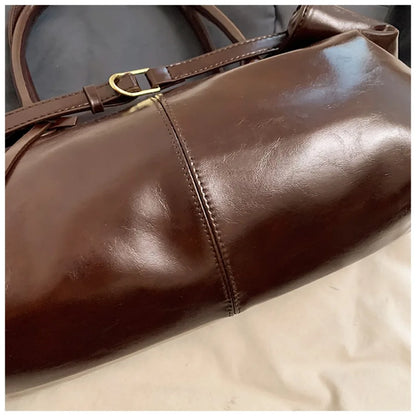 Women's Vintage Glossy Oil Wax Leather Tote Bag Buckle Casual Shoulder Handbag Elegant Work Bag for Daily Commute Top-handle Sac