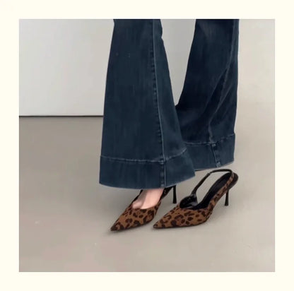 2025 Summer Leopard High Heel Women Sandals Fashion Pointed Toe Shoes Design Style Banquet Party Sandals Shoes