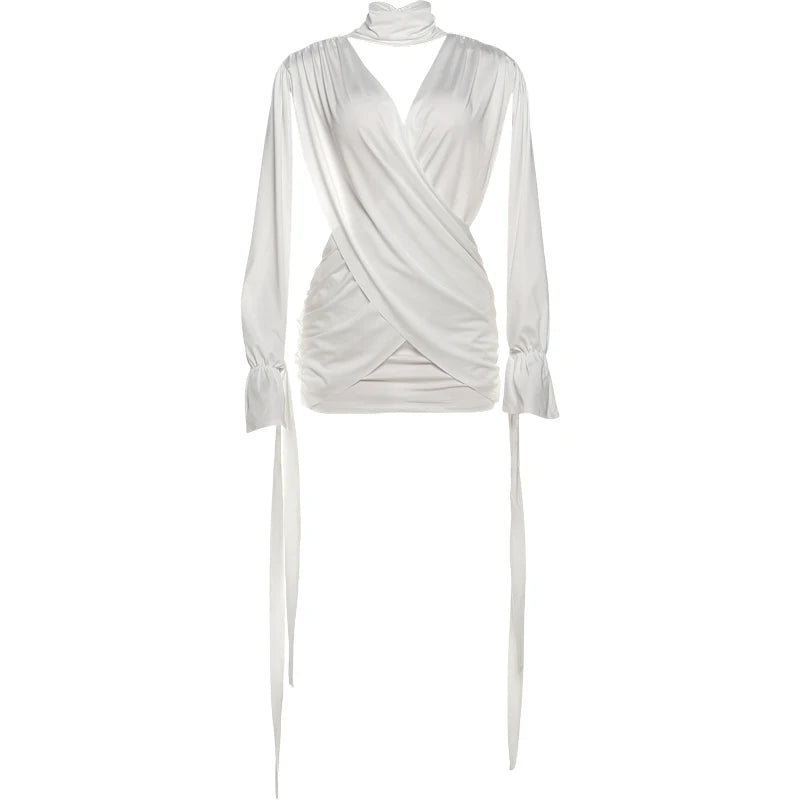 Sisterlinda Cross Waistless Dress Women Y2K High Neck Bandage Tassel Slit Long Sleeve Backless Folds Sexy Midnight Party Bodycon